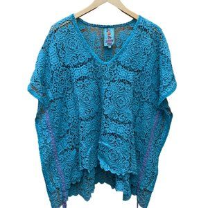 Johnny Was Turqoise Lace Top with Lilac Trim | Oversized